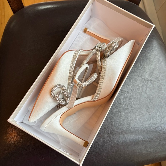 Elegant White Satin Wedding Heels with Rhinestone Bow & Adjustable Ankle Strap! - Picture 6 of 9